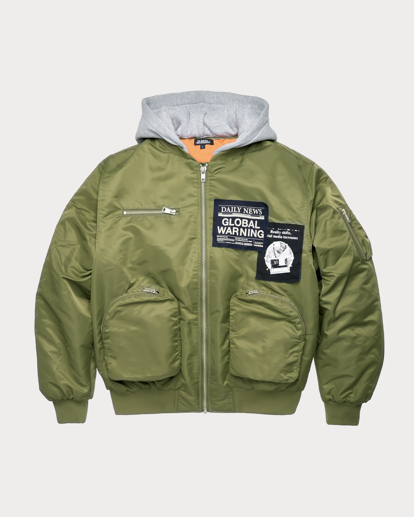 DESOCIALIZED: HOODED GREEN BOMBER JACKET WITH PATCHES