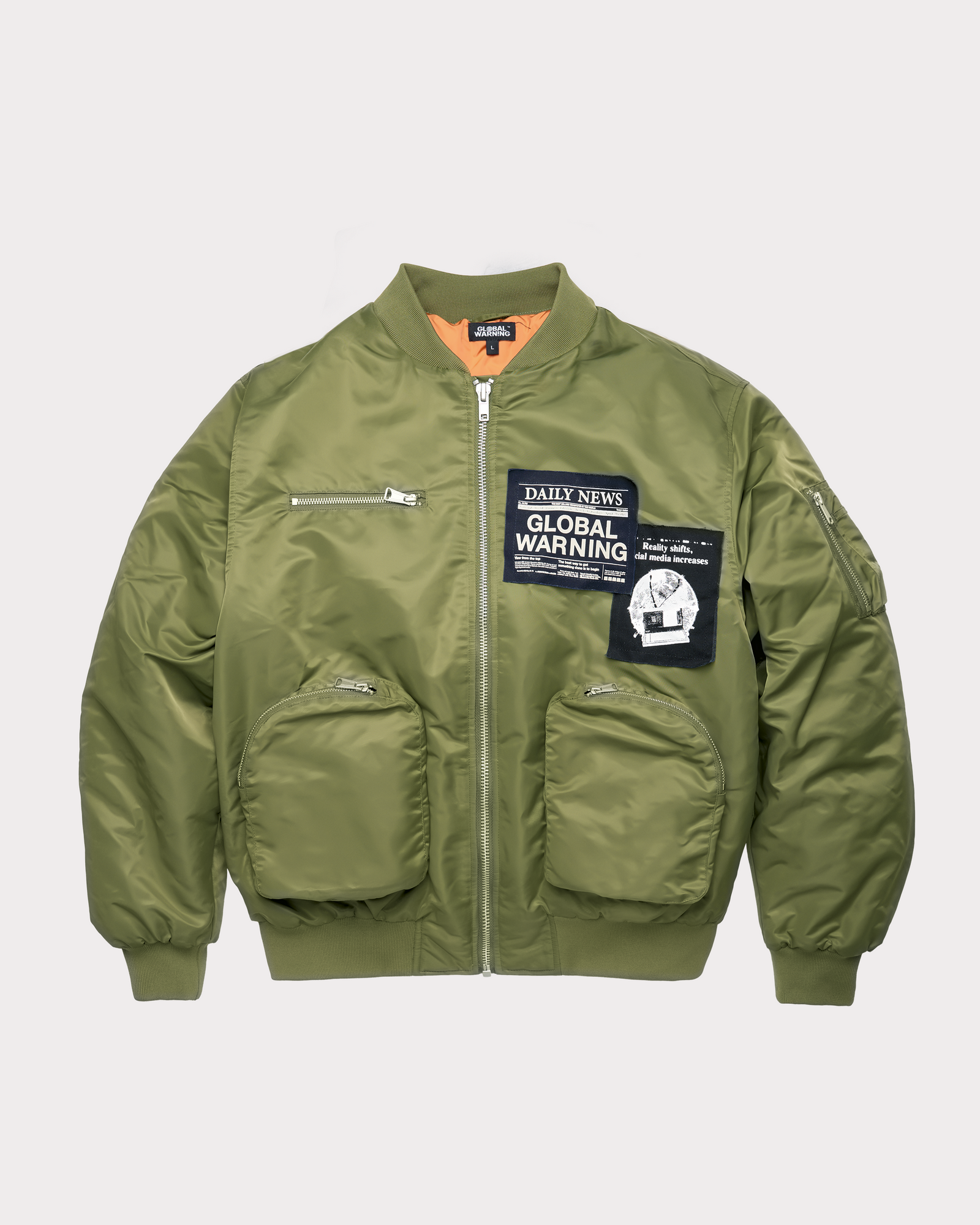 DESOCIALIZED: HOODED GREEN BOMBER JACKET WITH PATCHES