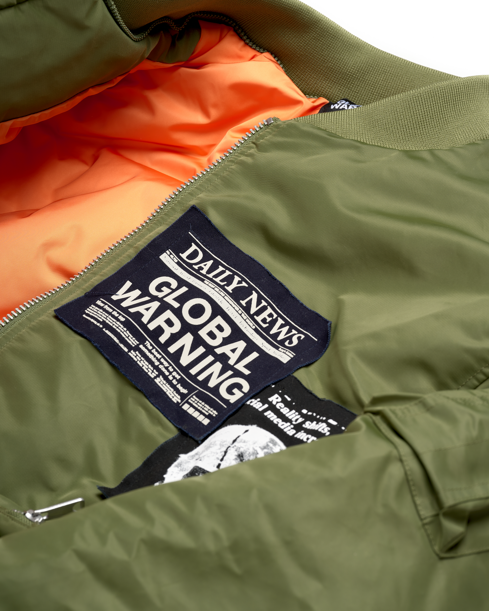 DESOCIALIZED: HOODED GREEN BOMBER JACKET WITH PATCHES